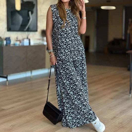 Modny damski tank top z nadrukiem i 2-częściowy zestaw spodni z szerokimi nogawkami