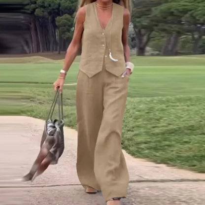 💕Farebná vesta na gombíky a nohavice so širokými nohavicami, dvojdielny dámsky set