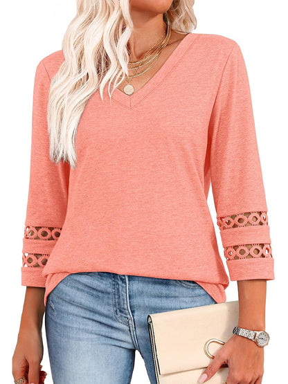 2025 New Womens 3/4 Length Sleeve Tops Trendy V Neck T Shirts