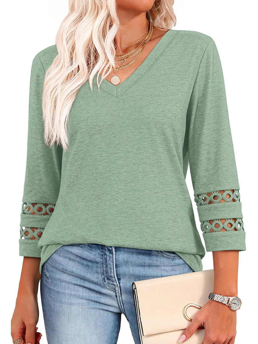 2025 New Womens 3/4 Length Sleeve Tops Trendy V Neck T Shirts