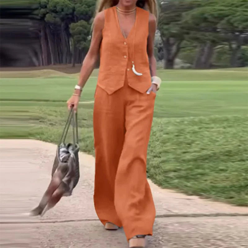 💕Farebná vesta na gombíky a nohavice so širokými nohavicami, dvojdielny dámsky set