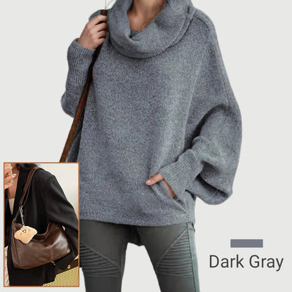 Dámsky sveter s kapucňovým výstrihom v tvare netopiera a vreckami