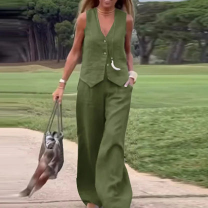 💕Farebná vesta na gombíky a nohavice so širokými nohavicami, dvojdielny dámsky set