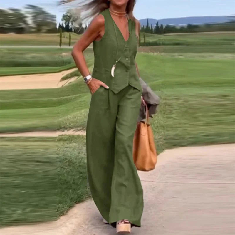 💕Farebná vesta na gombíky a nohavice so širokými nohavicami, dvojdielny dámsky set