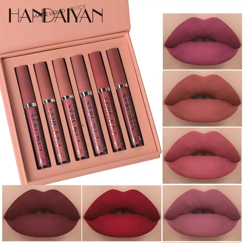 Sada matných červených leskov na pery, vodeodolný nepriľnavý kelímok, Handaiyan Makeup 6 leskov na pery, sada matných rúžov, lesklý kozmetický lesk na pery, matný rúž, lesk na pery, odlupujúci sa lesk na pery, lacné dievčenské veci