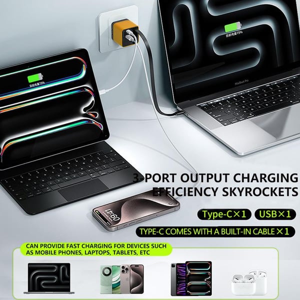 3 v 1 GaN nabíjačka, škálovateľný modul rýchlej nabíjačky s maximálnym výkonom 80 W s káblom typu C a 2 USB portami