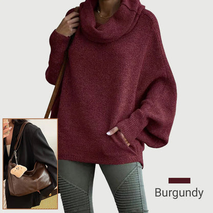 Dámsky sveter s kapucňovým výstrihom v tvare netopiera a vreckami