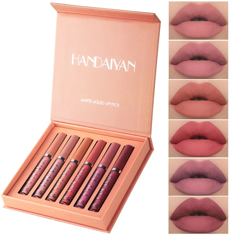 Sada matných červených leskov na pery, vodeodolný nepriľnavý kelímok, Handaiyan Makeup 6 leskov na pery, sada matných rúžov, lesklý kozmetický lesk na pery, matný rúž, lesk na pery, odlupujúci sa lesk na pery, lacné dievčenské veci