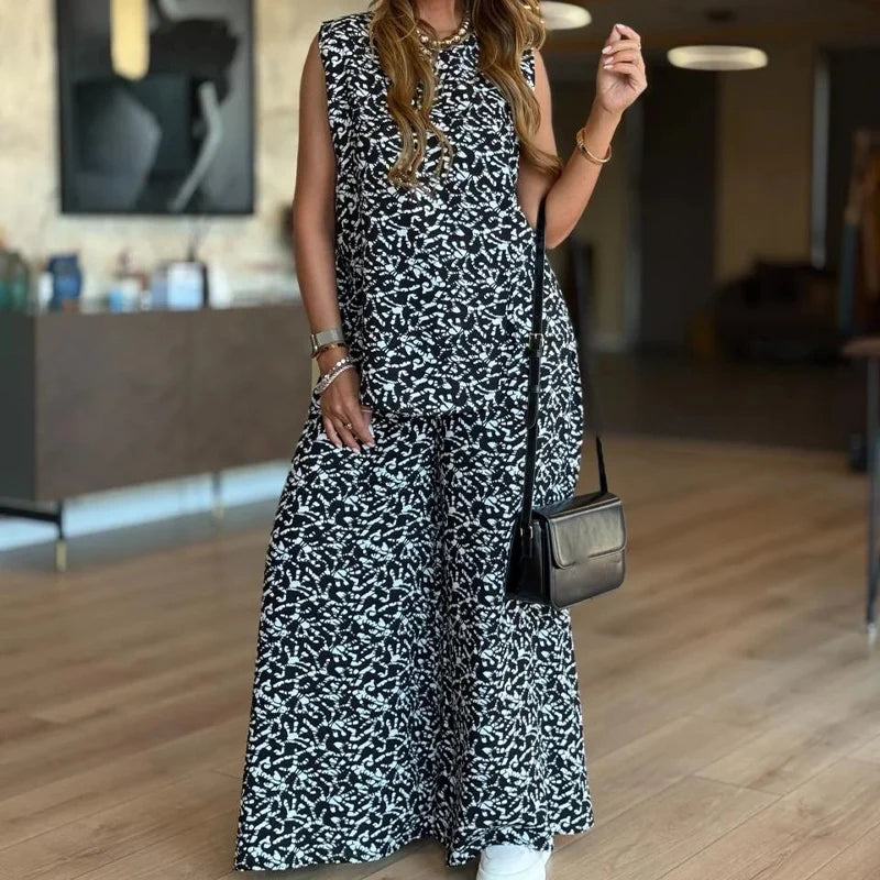 Modny damski tank top z nadrukiem i 2-częściowy zestaw spodni z szerokimi nogawkami