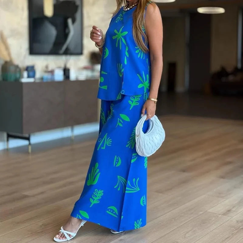 Modny damski tank top z nadrukiem i 2-częściowy zestaw spodni z szerokimi nogawkami