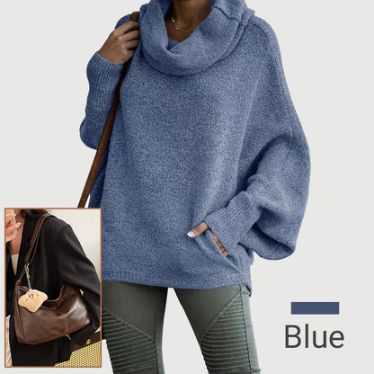 Dámsky sveter s kapucňovým výstrihom v tvare netopiera a vreckami