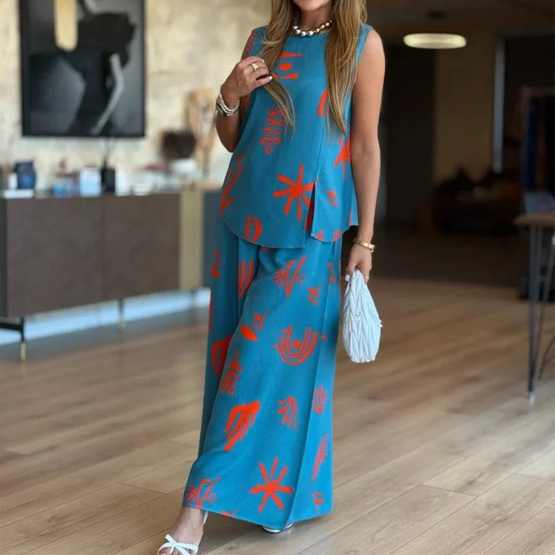 Modny damski tank top z nadrukiem i 2-częściowy zestaw spodni z szerokimi nogawkami