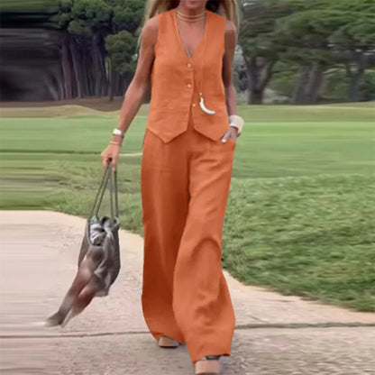 💕Farebná vesta na gombíky a nohavice so širokými nohavicami, dvojdielny dámsky set