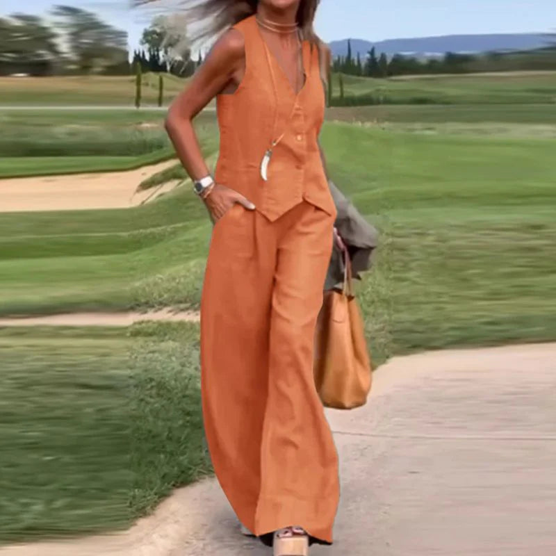 💕Farebná vesta na gombíky a nohavice so širokými nohavicami, dvojdielny dámsky set