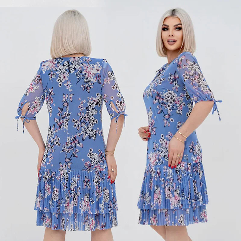 Dámske elegantné skladané dlhé šaty s krátkym rukávom