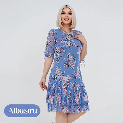 Dámske elegantné skladané dlhé šaty s krátkym rukávom