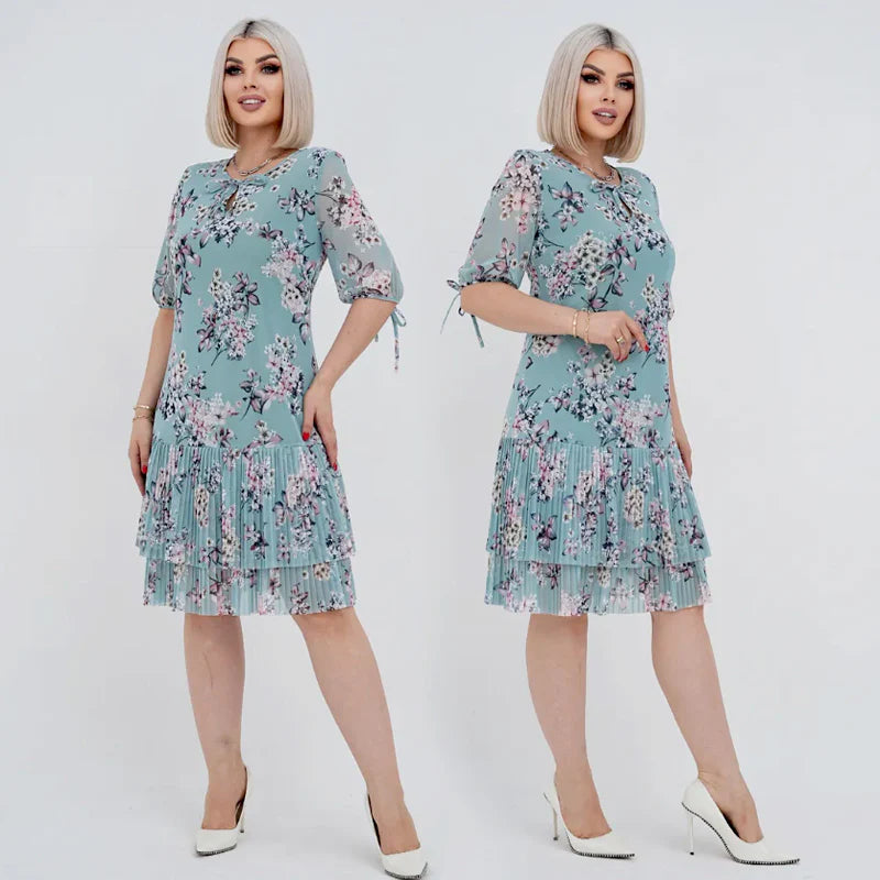 Dámske elegantné skladané dlhé šaty s krátkym rukávom