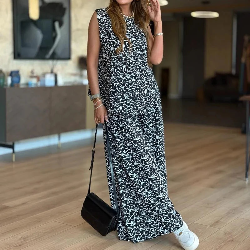 Modny damski tank top z nadrukiem i 2-częściowy zestaw spodni z szerokimi nogawkami