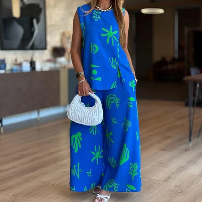 Modny damski tank top z nadrukiem i 2-częściowy zestaw spodni z szerokimi nogawkami