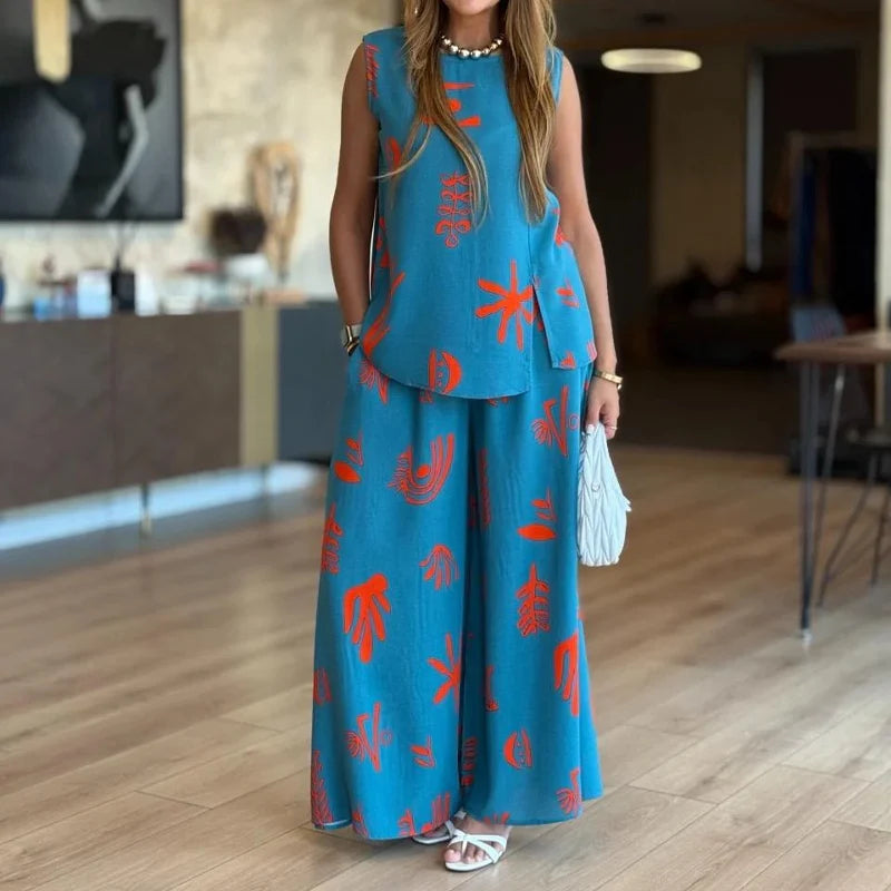 Modny damski tank top z nadrukiem i 2-częściowy zestaw spodni z szerokimi nogawkami