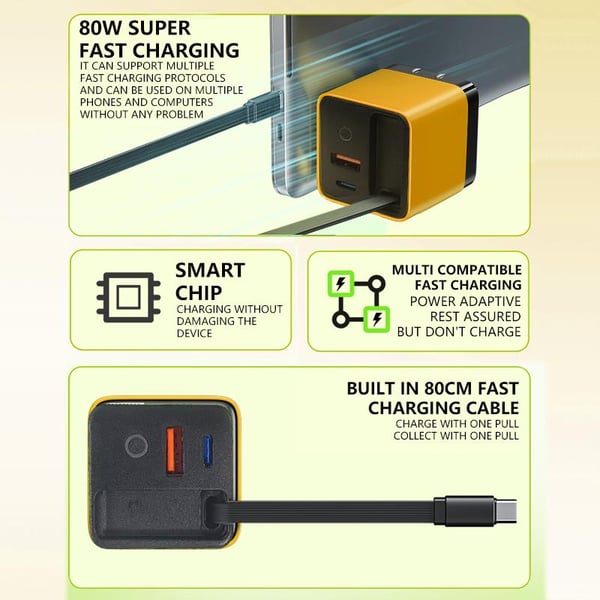 3 v 1 GaN nabíjačka, škálovateľný modul rýchlej nabíjačky s maximálnym výkonom 80 W s káblom typu C a 2 USB portami