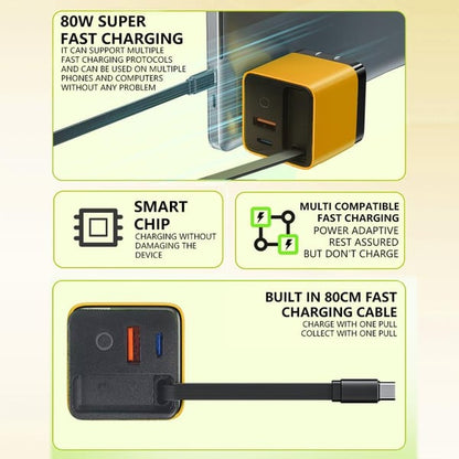 3 v 1 GaN nabíjačka, škálovateľný modul rýchlej nabíjačky s maximálnym výkonom 80 W s káblom typu C a 2 USB portami