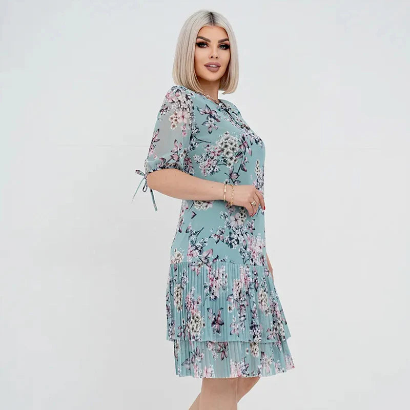 Dámske elegantné skladané dlhé šaty s krátkym rukávom