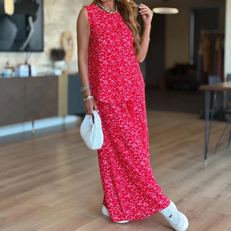 Modny damski tank top z nadrukiem i 2-częściowy zestaw spodni z szerokimi nogawkami